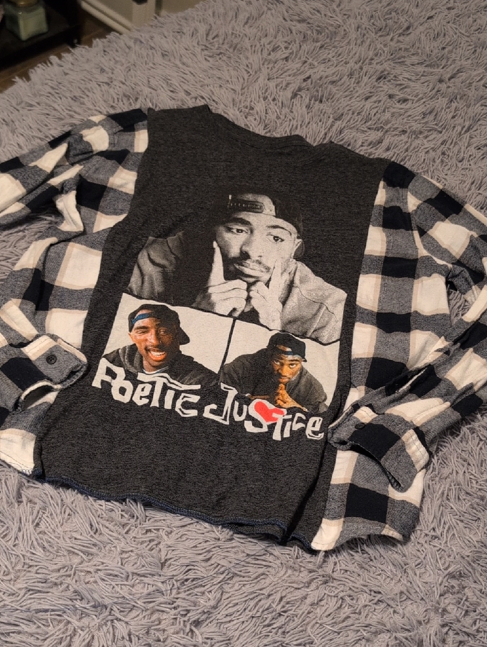 Graphic Tupac Flannel-Sleeve Shirt in Black, White & Navy